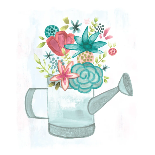 Flowers in Watering Can - Wrapped Canvas Painting Print