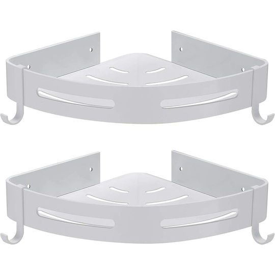 Corner Shower Shelf No Drilling Bathroom Storage Shower Bathroom Accessory Shower Holder No Rust Aluminum Set of 2 White with Hooks