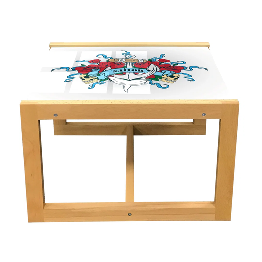 Anchor Coffee Table, Anchor Head Bones Skeleton Roses Bouquet Dolphin Wildlife Danger Traveling, Acrylic Glass Center Table With Wooden Frame For Offi