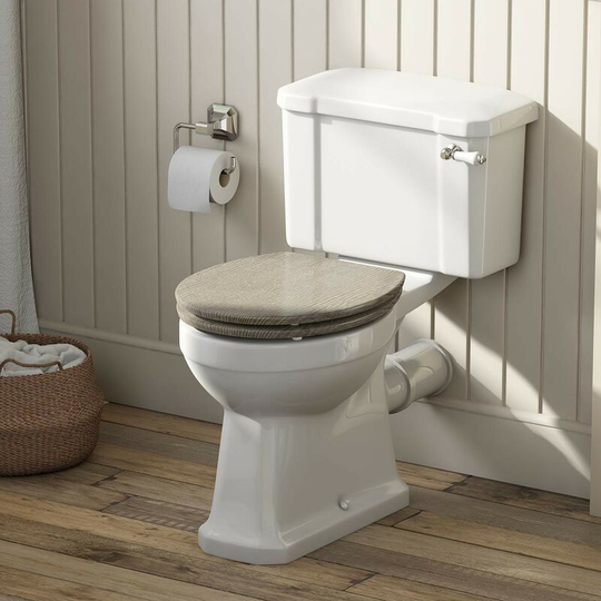 The Bath Co. Camberley close coupled toilet with soft close limed oak seat - White/Oak effect