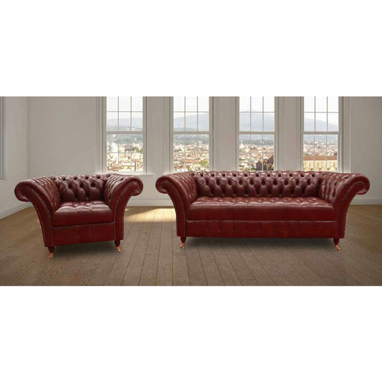 Chesterfield Balmoral 3 Seater + Armchair Sofa Settee Old English Chestnut Leather