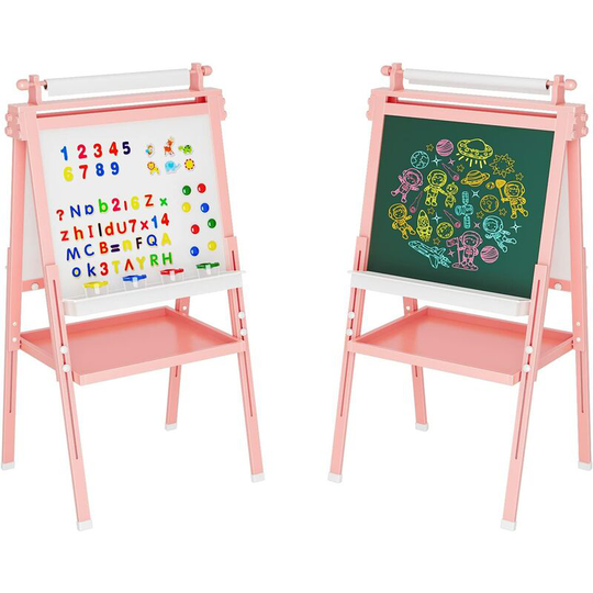 Furchen - Kids Easel Double Sided Painting Height Wooden Adjustable Kids Art Easel Chalkboard Magnetic Whiteboard for Boys Girls Pink