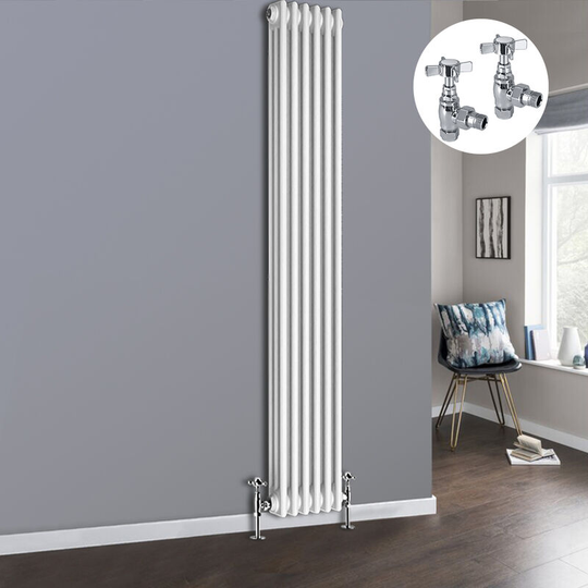 White 3 Column Traditional Cast Iron Style Radiator with Chrome Angled Cross Head Manual Valves Vertical 1800x292mm