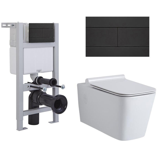 Milano - Elswick - White Ceramic Modern Bathroom Wall Hung Square Toilet wc with Short Wall Frame Cistern and Black Flush Plate