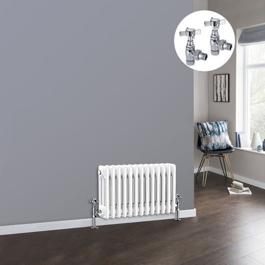 White 3 Column Traditional Cast Iron Style Radiator with Chrome Angled Cross Head Manual Valves Horizontal 300x607mm