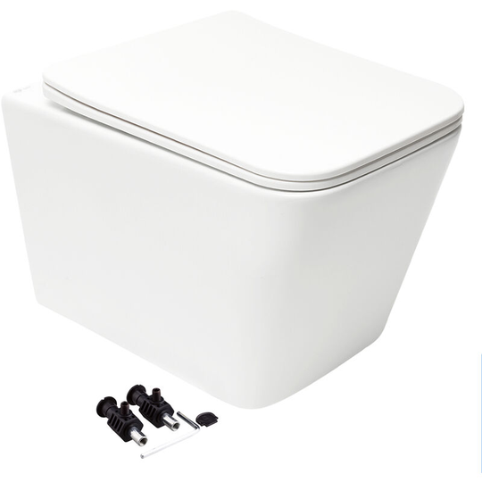 Square Wall Hung Rimless Toilet WC Pan with Soft Close Slim Seat Hidden Fixation
