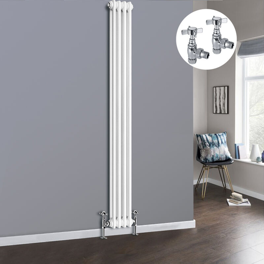 White 2 Column Traditional Cast Iron Style Radiator with Chrome Angled Cross Head Manual Valves Vertical 1800x200mm