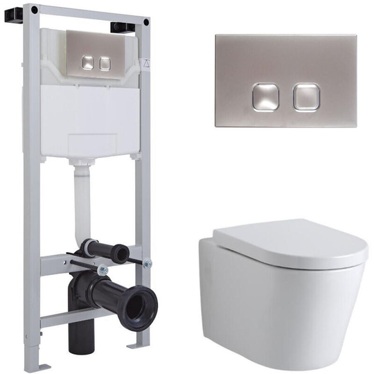 Milano - Ballam - White Ceramic Modern Bathroom Wall Hung Round Toilet wc with Tall Wall Frame, Dual Flush Cistern, Soft Close Seat and Square Chrome