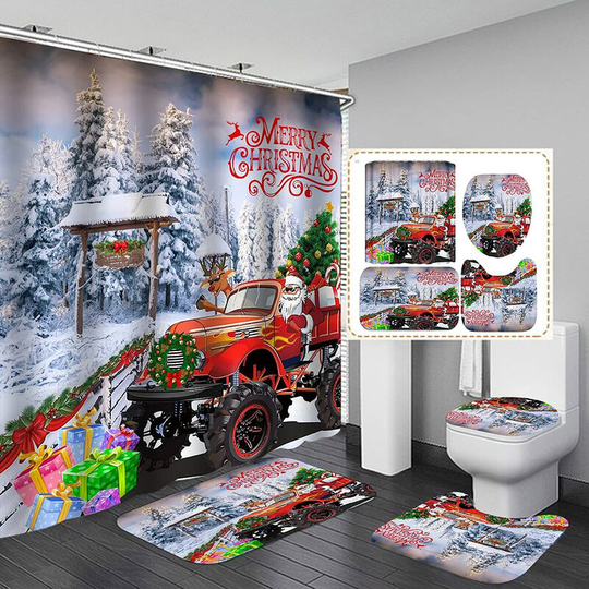 Merry Christmas Shower Curtain Sets for Bathroom, 4 Pieces Christmas Shower Curtain/Non-Slip Bathroom Mat/Cover Toilet Cover/Bath Mat, Funny Santa