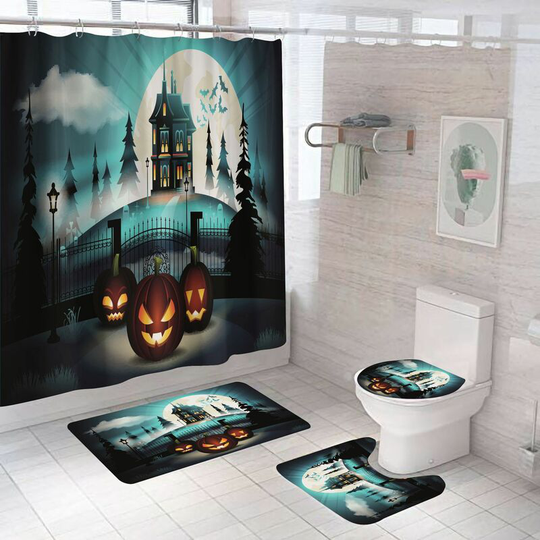 Halloween Guard the Castle Shower Curtain Sets, Halloween Bathroom Decor Set 71 inch x 71 inch - Shower Curtain with Mat, Toilet Lid Cover, Bath Mat