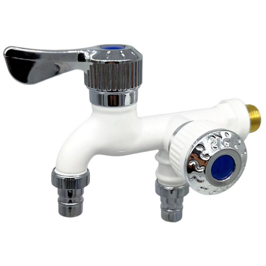 Dual Control Faucets Double Outlets Water Tap Universal Interface Connector Sink Faucets Home Bathroom Hose Irrigation, White - White
