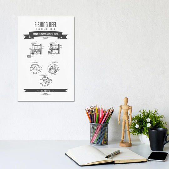 Samuel L. Bean Fishing Reel Patent Sketch Retro (Charcoal) by Aged Pixel - Wrapped Canvas Typography