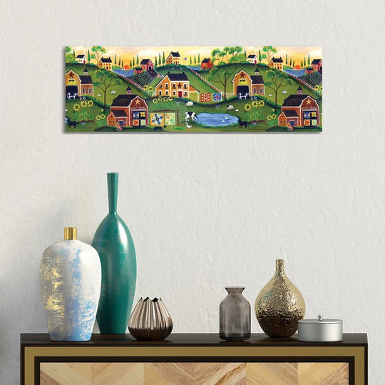 Red Quilters Barn Country Folk Art Farm by Cheryl Bartley - Panoramic Graphic Art Print on Canvas