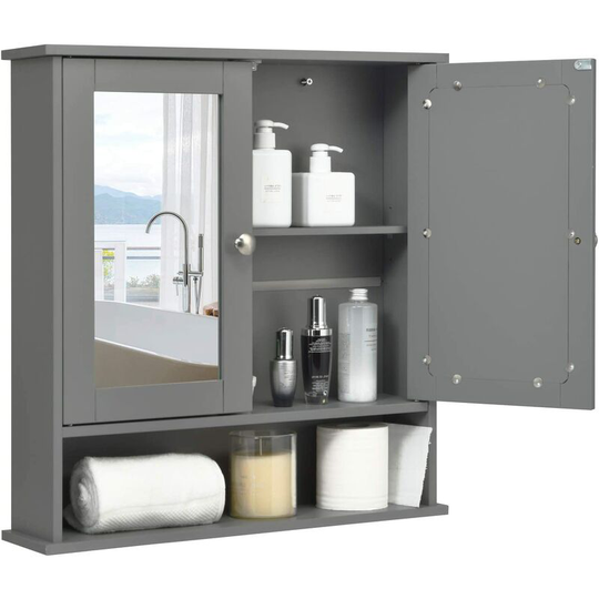 Bathroom Mirror Cabinet, Double Door Wall Mounted Storage Cupboard with Adjustable Shelf and Compartment, Home Kitchen Living Room Display Organiser