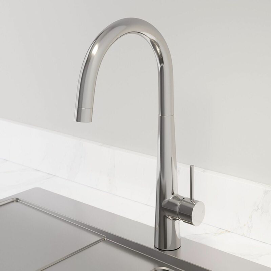 Modern Mono Kitchen Mixer Tap Single Lever Curved Swivel Spout Chrome Faucet - Silver