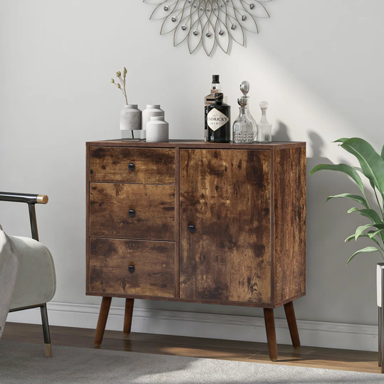 80 Cm Wide Modern Sideboard With 3 Drawers And 1 Door, Industrial Storage Cabinet For Living Room Bedroom, Rustic Brown