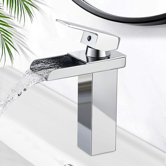 Matte Black Waterfall Bathroom Faucet, Single Handle Brass Basin Faucet with Cold & Hot Water Available, Ceramic Valve, Concave Waterfall Design