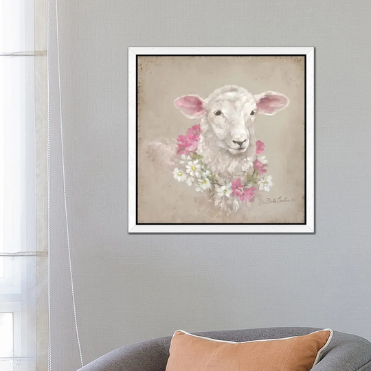 'Sheep with Wreath' by Debi Coules - Floater Frame Painting Print on Canvas