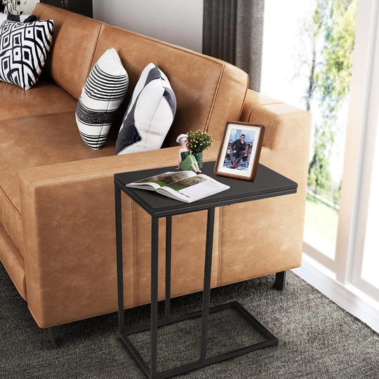 Acherman C-Shaped Side End Coffee Table, Small Slide Under Coach Sofa Snack C Table For Laptop, Black Metal Frame, Modern Industrial Wood Look