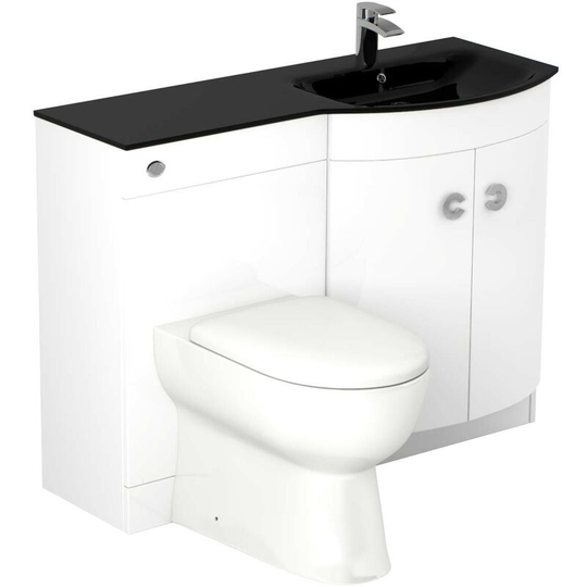 Wholesale Domestic - Venice Curved Black Glass 1100mm Right Hand Gloss White Vanity Unit Toilet Suite - White