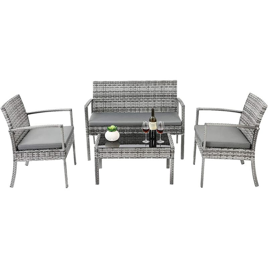 4 Piece Rattan Garden Furniture Set Patio Outdoor Rattan Table and Chairs, w/Comfortable Cushion, Double Sofa and 2 Armchairs, Tempered Glass Table