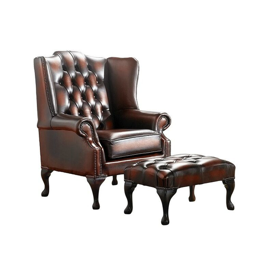 Designersofas4u - Chesterfield Handmade Mallory Flat Wing Back Armchair Antique Light Rust Leather + Footstool