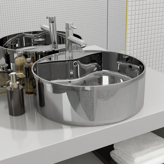 Wash Basin with Overflow 46.5x15.5 cm Ceramic Silver VDTD05751 - Topdeal
