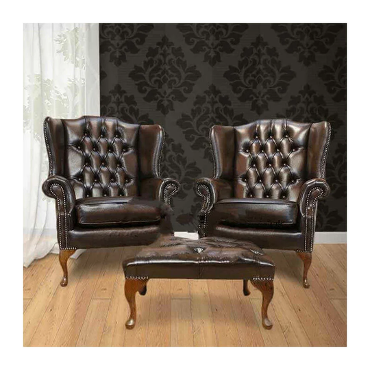 Chesterfield Offer Pair Mallory Flat Wing High Back Armchair Footstool