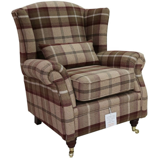 Wing Chair Fireside High Back Armchair Balmoral Mulberry Check Fabric p&s