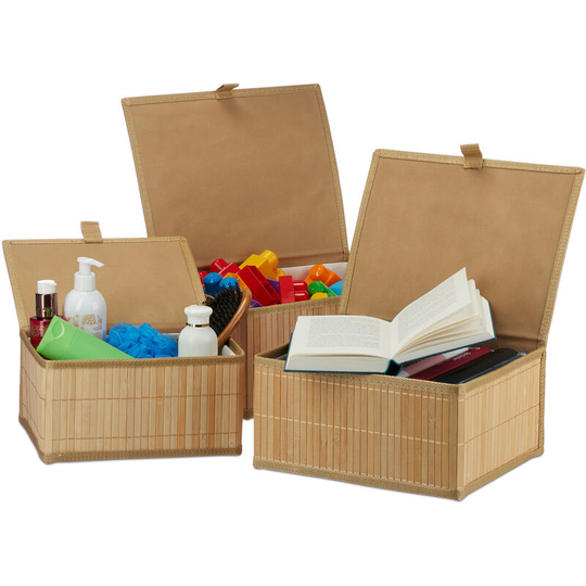 Set of 3 Bamboo Storage Baskets, Storage Boxes with Lid, Bamboo Container, Decorative Storage, Natural - Relaxdays