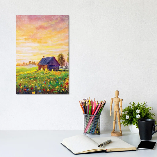 Old Rural House On Field Flowers - Memorabilia on Canvas