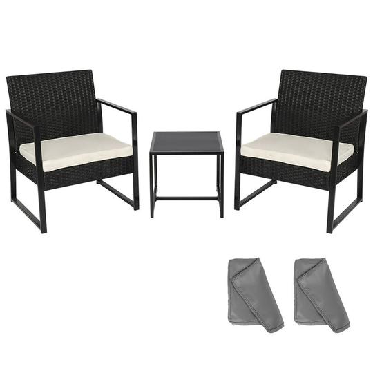Garden Furniture Set of 3, Rattan Dining Table and 2 Armchairs with 2 Cushion Cove and 1 Coffee Table for Outdoor Patio Balcony Pool Side (Black)