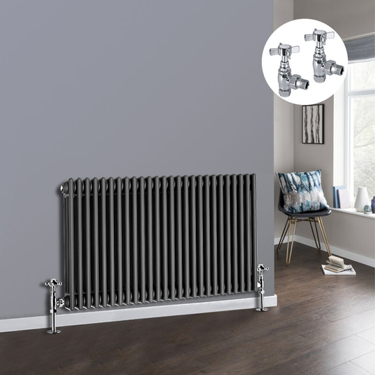 NRG - Anthracite 3 Column Traditional Cast Iron Style Radiator with Chrome Angled Cross Head Manual Valves Horizontal 600x1192mm