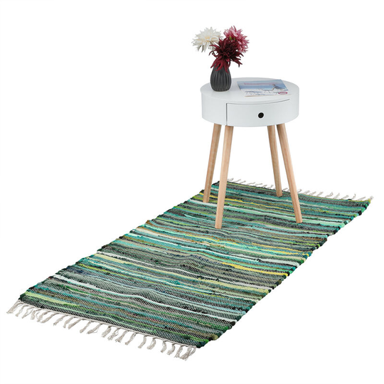 Flatweave rug, made of cotton, anti-slip, runner with tassels, floor rug, size 70 x 140 cm, shades of green - Relaxdays