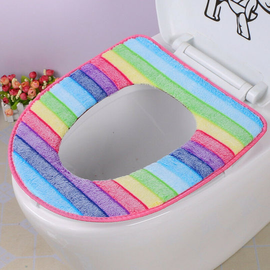 Pink Fringed Toilet Seat Pads Washable Bathroom Warmer Soft Washable Cloth Zippered Super Soft Bathroom Toilet Seat Pads (Rainbow Colors)