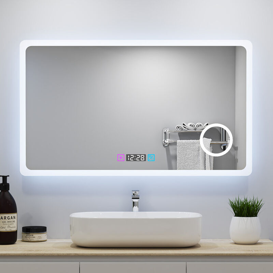 Acezanble - Bathroom Mirrors with Lights,Anti Fog Dimmable 3 Colour Change 3X Magnifying Clock Separately Control Demister Pad - 1000x600mm