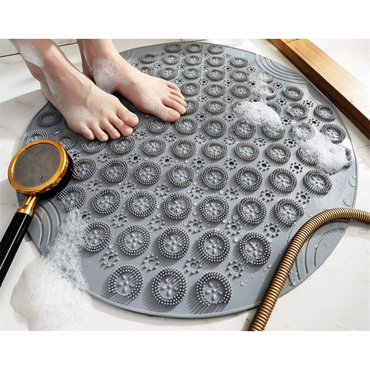 Perlerare - Round Massage Bath Mat Non-Slip Shower Mat Bathroom Mat with Drainage Holes and Suction Cup, 55x55cm, Dark Gray