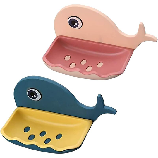 2 Pack Cute Soap Dish for Kids, Plastic Self Draining Soap Holder for Shower Wall, Cartoon Hanging Bathroom Soap Tray with Suction Cup ( Blue,Pin