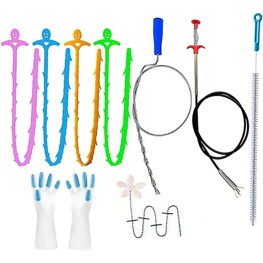9 in 1 Sink Cleaning Hook, Drain Cleaning Spiral, With Gloves, Flexible Clamp, for Kitchen, Sink, Bathroom and Shower, Extra Long 160cm