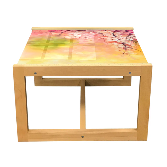 Nature Coffee Table, Japanese Cherry Sakura Floral Art In Soft Color Over Blurred Background, Acrylic Glass Center Table With Wooden Frame For Offices
