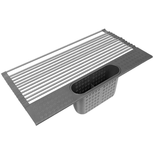Kitchen sink with roll-up drainer - Stainless steel - With cutlery rack - For kitchen - Light gray