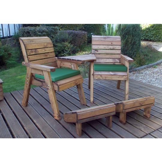 Charles Taylor Deluxe Wooden Angled 2 x Chair Lounger & Footstool Green Cushion