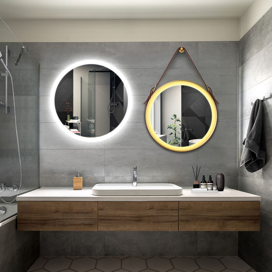 Bathroom led Mirror Modern Wall Mounted Round Bathroom Mirror 700x700mm Acrylic Frame + 600x600mm Gold Frame Both with Demister Pad - Elegant