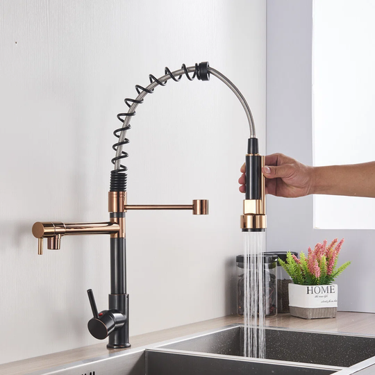 Modern Pershing Kitchen Sink Mixer Tap 360°Swivel Pull Out Hose Spray Black+Rose Gold