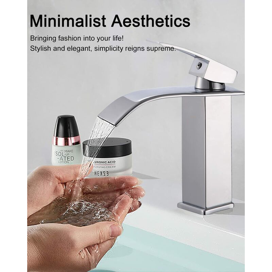 Waterfall basin faucet, stainless steel bathroom faucet with ceramic coil, hot and cold water switch, electroplating process, elegant and minimalist.