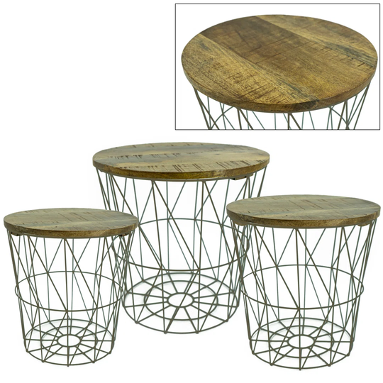 Side table, metal/mango wood, set of three, black/natural color, conical, metal/wood thickness: 3mm/1.5cm, DH 1) 39.5 x 40cm, 2) 35 x 36cm, 3) 29 x 29