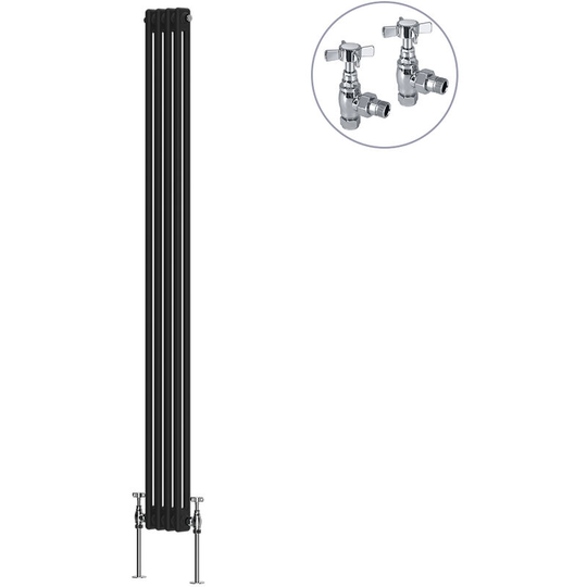 Black Traditional Cast Iron Style Radiator with Chrome Angled Cross Head Manual Valves Vertical 2 Column 1800x200mm