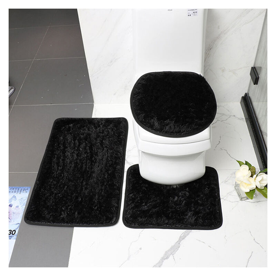 3 piece bathroom rug set including bath mat (black), contour rug and toilet lid cover, machine washable, super soft microfiber and non-slip bath mat