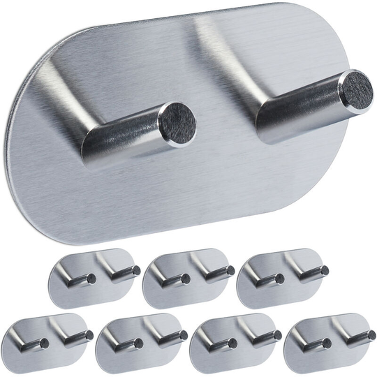 Relaxdays - Towel Hooks, Set of 8, Self-Adhesive, Matt Stainless Steel, Kitchen & Bathroom, HxWxD: 5 x 10 x 3 cm, Silver