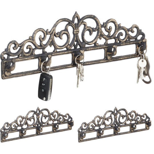 Set of 3 Cast Iron Wall Coat Racks, 5 Hooks, Antique Cottage-Style, for Keys, HxWxD: 13.5 x 42 x 4 cm, Bronze - Relaxdays